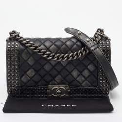 Pre Owned Chanel Black/Grey Quilted Leather Medium Studded Boy Bag