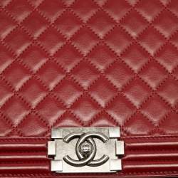 Pre Owned Chanel Red Quilted Leather Large Boy Flap Bag