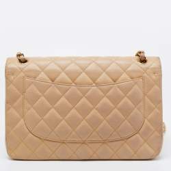 Pre Owned Chanel Beige Quilted Caviar Leather Jumbo Classic Double Flap Bag