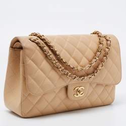 Pre Owned Chanel Beige Quilted Caviar Leather Jumbo Classic Double Flap Bag