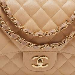Pre Owned Chanel Beige Quilted Caviar Leather Jumbo Classic Double Flap Bag