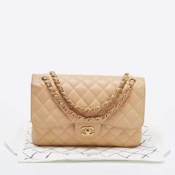 Pre Owned Chanel Beige Quilted Caviar Leather Jumbo Classic Double Flap Bag