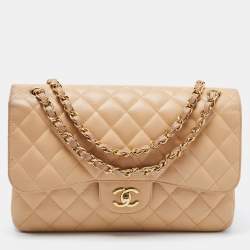 Chanel Beige Quilted Caviar Leather Jumbo Classic Double Flap Bag Chanel