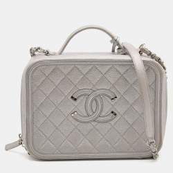 Chanel Silver Quilted Caviar Leather Large Filigree Vanity Bag Chanel