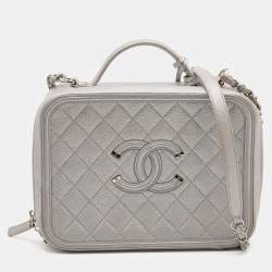 Pre Owned Chanel Silver Quilted Caviar Leather Large Filigree Vanity Bag