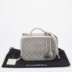 Pre Owned Chanel Silver Quilted Caviar Leather Large Filigree Vanity Bag