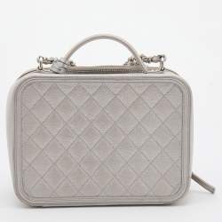 Pre Owned Chanel Silver Quilted Caviar Leather Large Filigree Vanity Bag