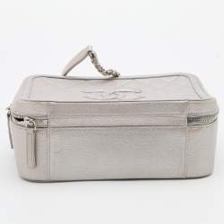 Pre Owned Chanel Silver Quilted Caviar Leather Large Filigree Vanity Bag