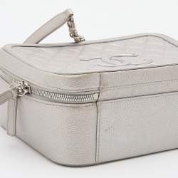 Pre Owned Chanel Silver Quilted Caviar Leather Large Filigree Vanity Bag