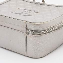 Pre Owned Chanel Silver Quilted Caviar Leather Large Filigree Vanity Bag