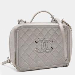 Pre Owned Chanel Silver Quilted Caviar Leather Large Filigree Vanity Bag