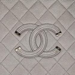 Pre Owned Chanel Silver Quilted Caviar Leather Large Filigree Vanity Bag