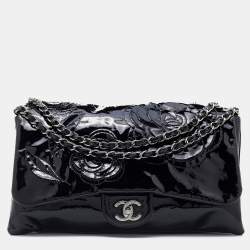 Pre Owned Chanel Black Patent Leather Paris Shanghai Camellia Flap Bag