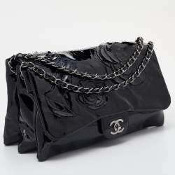 Pre Owned Chanel Black Patent Leather Paris Shanghai Camellia Flap Bag