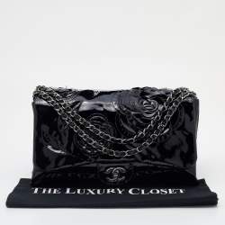Pre Owned Chanel Black Patent Leather Paris Shanghai Camellia Flap Bag