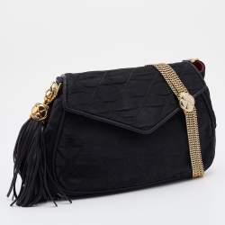 Pre Owned Chanel Black Quilted Satin Vintage Tassel Flap Bag