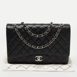 Pre Owned Chanel Black Quilted Caviar Leather Maxi Classic Double Flap Bag