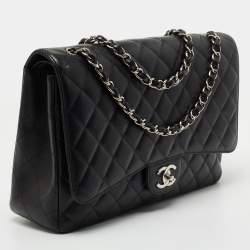 Pre Owned Chanel Black Quilted Caviar Leather Maxi Classic Double Flap Bag