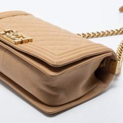 Chanel Beige Quilted Caviar Leather Medium Boy Flap Bag