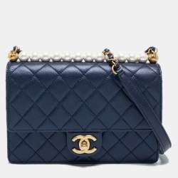 Chanel Metallic Navy Blue Quilted Leather Medium Chic Pearls Flap Bag Chanel
