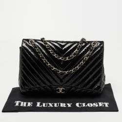 Chanel Black Chevron Patent Leather Maxi Classic Single Flap Bag