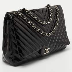 Chanel Black Chevron Patent Leather Maxi Classic Single Flap Bag