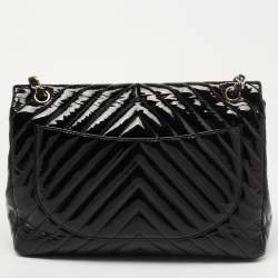 Chanel Black Chevron Patent Leather Maxi Classic Single Flap Bag