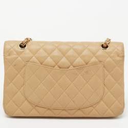 Pre Owned Chanel Beige Quilted Caviar Leather Medium Classic Double Flap Bag