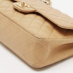Pre Owned Chanel Beige Quilted Caviar Leather Medium Classic Double Flap Bag