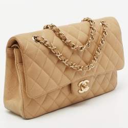 Pre Owned Chanel Beige Quilted Caviar Leather Medium Classic Double Flap Bag