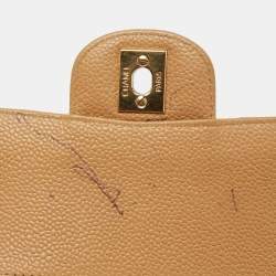 Pre Owned Chanel Beige Quilted Caviar Leather Medium Classic Double Flap Bag
