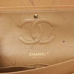Pre Owned Chanel Beige Quilted Caviar Leather Medium Classic Double Flap Bag