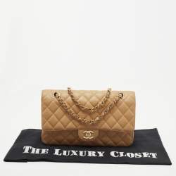 Pre Owned Chanel Beige Quilted Caviar Leather Medium Classic Double Flap Bag