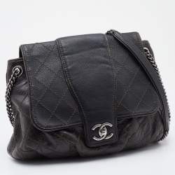 Pre Owned Chanel Dark Grey Quilted Leather Whipstitch Flap Bag