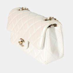 Pre Owned Chanel White Iridescent Lambskin Mini Rectangular Flap Bag