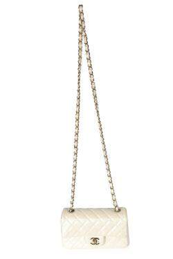 Pre Owned Chanel White Iridescent Lambskin Mini Rectangular Flap Bag