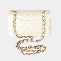 Pre Owned Chanel White Iridescent Lambskin Mini Rectangular Flap Bag
