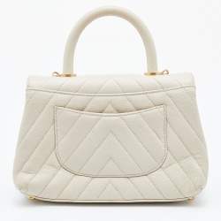 Pre Owned Chanel White Chevron Quilted Caviar Leather Mmall Coco Handle Bag