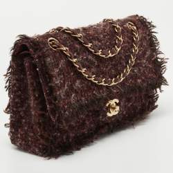 Pre Owned Chanel Burgundy Tweed Medium Classic Double Flap Bag