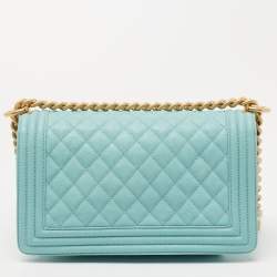Pre Owned Chanel Turquoise Quilted Caviar Leather Medium Boy Bag