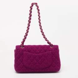 Pre Owned Chanel Magenta Quilted Tweed Medium Classic Double Flap Bag