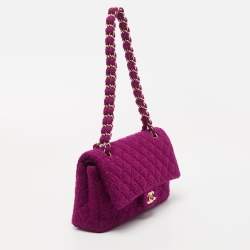 Pre Owned Chanel Magenta Quilted Tweed Medium Classic Double Flap Bag