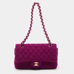 Pre Owned Chanel Magenta Quilted Tweed Medium Classic Double Flap Bag