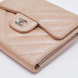 Chanel Metallic Iridescent Caviar Chevron Quilted Leather CC Compact Wallet