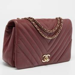 Pre Owned Chanel Burgundy Chevron Leather Medium Statement Flap Bag