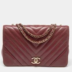 Pre Owned Chanel Burgundy Chevron Leather Medium Statement Flap Bag