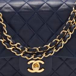 Pre Owned Chanel Navy Blue Quilted Leather Medium Classic Double Flap Bag