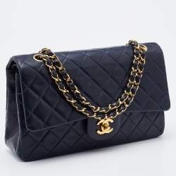 Pre Owned Chanel Navy Blue Quilted Leather Medium Classic Double Flap Bag