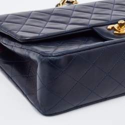 Pre Owned Chanel Navy Blue Quilted Leather Medium Classic Double Flap Bag