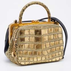 Pre Owned Chanel Black/Metallic Leather and Croc Embossed Small Kiss-lock Bag